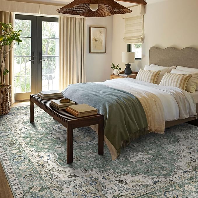 Area Rugs 10x14 Living Room - Large Washable Sage Green Boho Rugs for Bedroom Soft Vintage Rug Ultra-Thin Farmhouse Oriental Carpet Medallion Rug for Dining Room Guest Room Home Decor