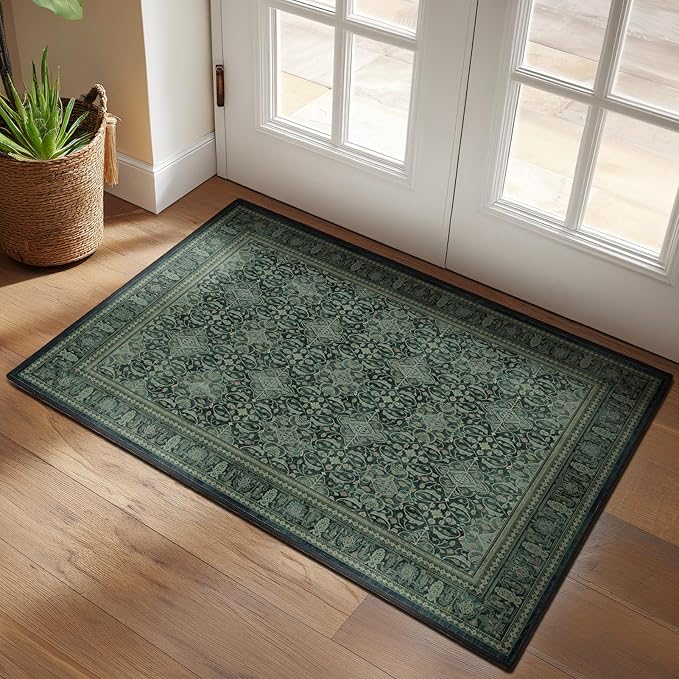 Dark Green 2x3 Small Rugs for Entryway, Washable Non Slip Door Mat Indoor Entrance, Vintage Boho Floral Moroccan Printed Entry Rugs for Inside House Kitchen Bathroom, Low Pile Ultra Thin Soft