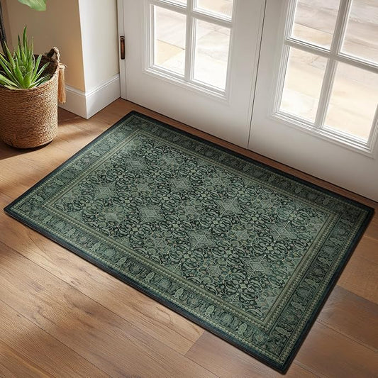 Dark Green 2x3 Small Rugs for Entryway, Washable Non Slip Door Mat Indoor Entrance, Vintage Boho Floral Moroccan Printed Entry Rugs for Inside House Kitchen Bathroom, Low Pile Ultra Thin Soft