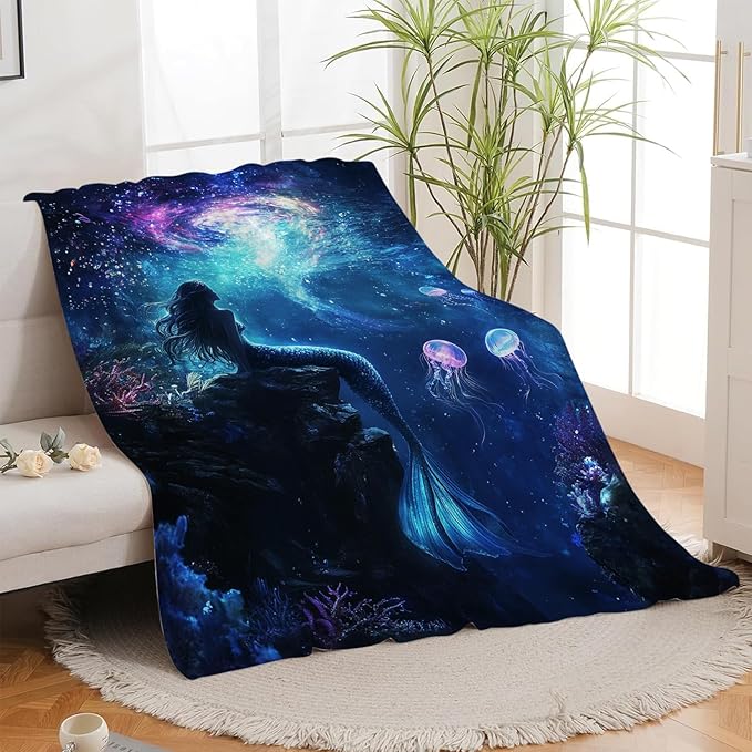 Mermaid Blanket, Blue Ocean Throw Blanket, Underwater Jellyfish Gifts Blankets Stuff Fleece Flannel Plush for Girls Women Men Boys Lovers Adults Soft Bedding Gift for Sofa Bed Office Decor 60"x50"
