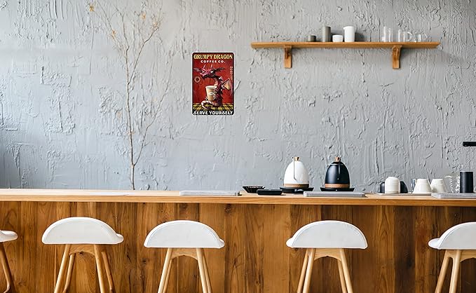 Dragon Wall Decor Tin Sign and Coffee Wall Decor Tin Sign - Grumpy Dragon Coffee co. Serve Yourse - Kitchen Metal Sign Vintage Bar Home Bathroom Wall Decoration Sign Art 8x12 Inch