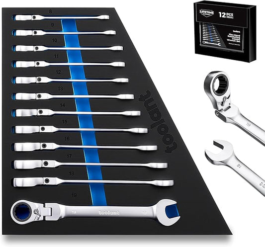 toolant 12pcs Metirc Ratcheting Wrench Set, Flex-Head Ratchet Combination Wrench Sets with Switch Design, 8-19mm, 90-Tooth and 4° Swing, 12PCS with Storage Tray