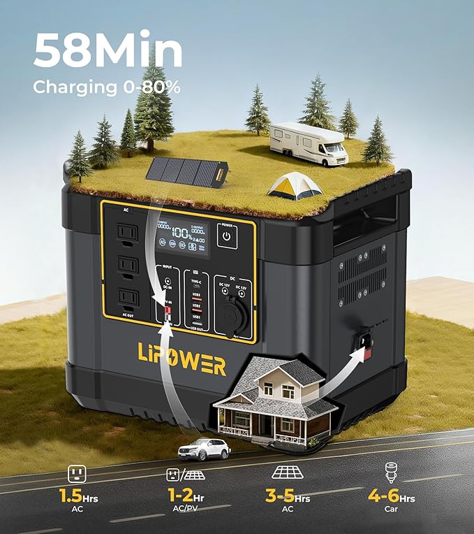 Lipower Solar Generator, 1075Wh Power Station 3 * 1200W AC Outlets(2000W peak), 60W USB-C Output, Generator for Camping, CPAP, Home Backup