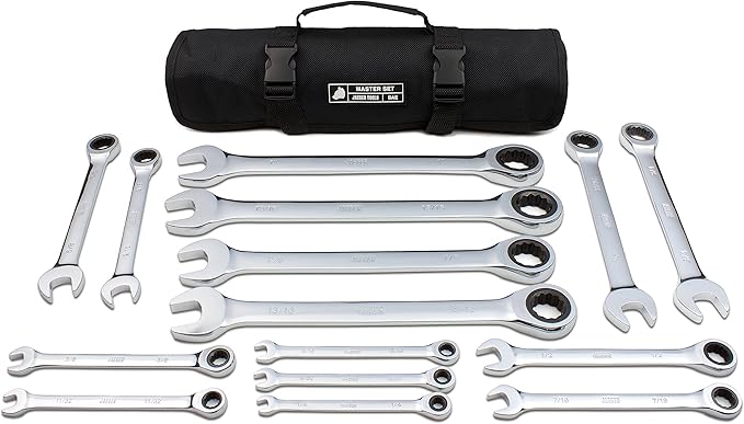 Jaeger 15pc Inch TIGHTSPOT 90-Tooth Ratcheting Combination Wrenches MASTER SET - Our LARGEST SAE/INCH SET With Bear Keeper Rollup Case