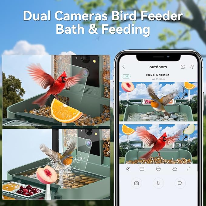 Dual-Lens Bird Feeder with Camera & Bird Bath Combo, Watch Birds Eat & Bathe with WiFi 2K HD Video, Auto Record, AI Recognition, APP Alerts, Solar Powered, for Backyard Garden Porch Fence Decor