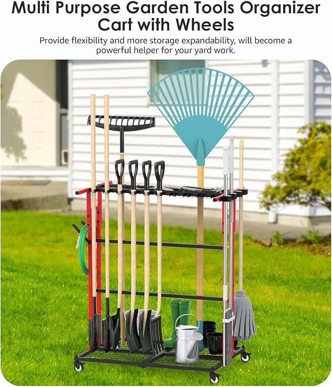 CCCEI Garage Organization with Wheels, Outdoor Gargen Yard Shed Tools Organizer Cart, Home Storage for Cleaning Supplies, Broom Holder, for Shovel and Rake, Long Farming and Farming Tools, Red.