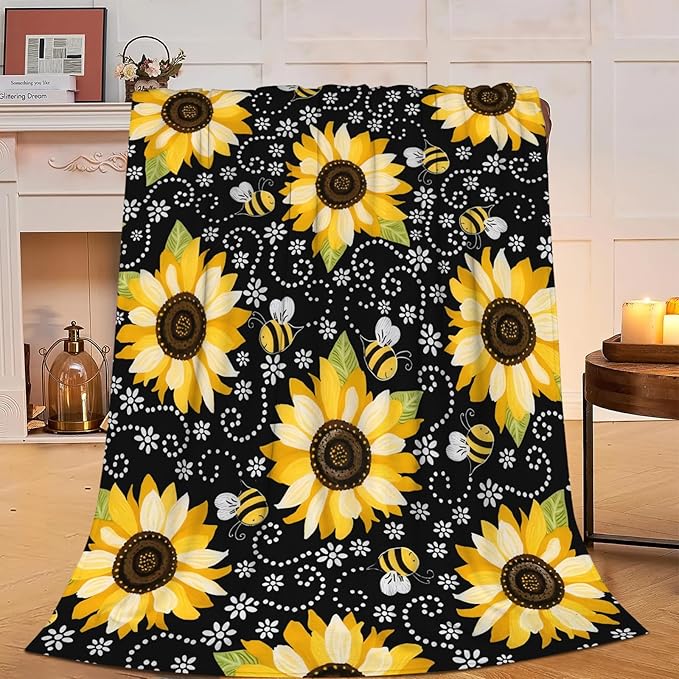 Sunflower Blanket Super Cozy Soft Sunflower Throw Blanket Gifts for Women Girls Warm Plush Fluffy Sunflower Bee Stuff Fleece Flannel Gift Blankets for Kids Adults 80"X60"