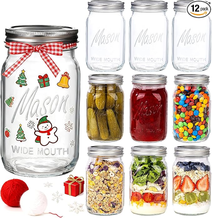 WELLIFE Wide Mouth Mason Jars, 12 Pack Mason Jars 32 oz for Pickling, Canning, Fermenting and Food Storage, Microwave & Dishwasher Safe