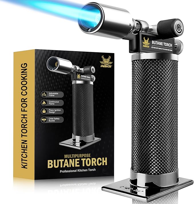 RAVS Butane Torch Lighter, Christmas Stocking Stuffers Gifts for Men He Dad, Kitchen Torch with Adjustable Flame, Creme Brulee Torch for Baking, BBQ, DIY, Black, Butane Gas Not Included