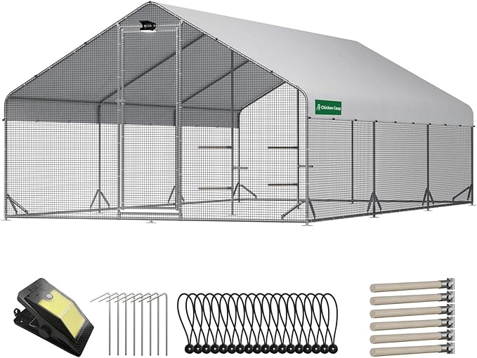 Large Walk-in Metal Chicken Coop with Chicken Run & Hardware Cloth, Solar Light, Waterproof & UV-Resistant Cover, Outdoor Poultry Cage for Farm Use, 3 Room