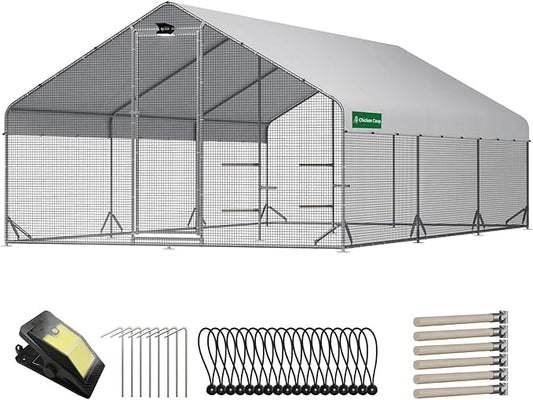 Large Walk-in Metal Chicken Coop with Chicken Run & Hardware Cloth, Solar Light, Waterproof & UV-Resistant Cover, Outdoor Poultry Cage for Farm Use, 3 Room