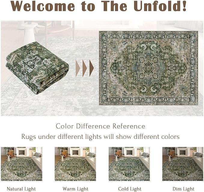 Washable Area Rug 8x10 - Large Moss Green Boho Rugs for Living Room Soft Vintage Bedroom Rug Ultra-Thin Oriental Farmhouse Distressed Carpet Non Slip Rug for Dining Room Guest Room Home Decor