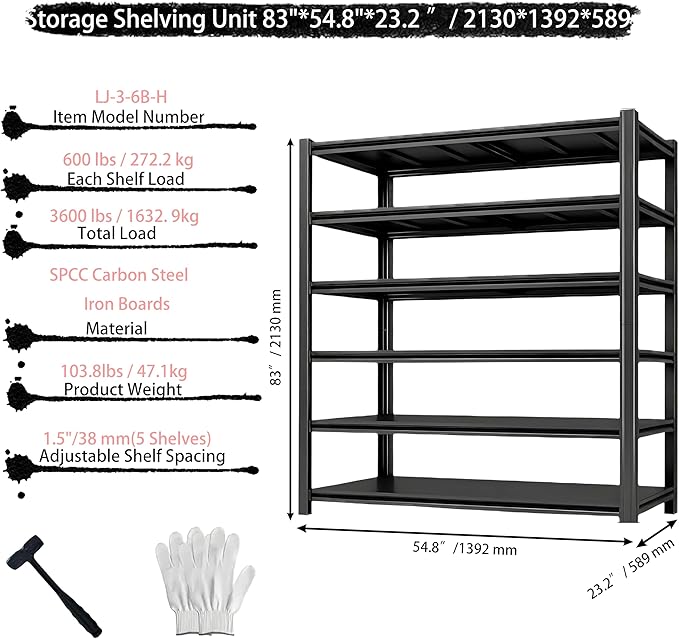 Storage Shelving Unit Adjustable Heavy Duty Garage Shelves 6-Tier Metal Organizer Utility Rack for Kitchen Pantry Basement Pantry Warehouse Laundry Black 83" H x 54.8" W x 23.2" D 3600LBS