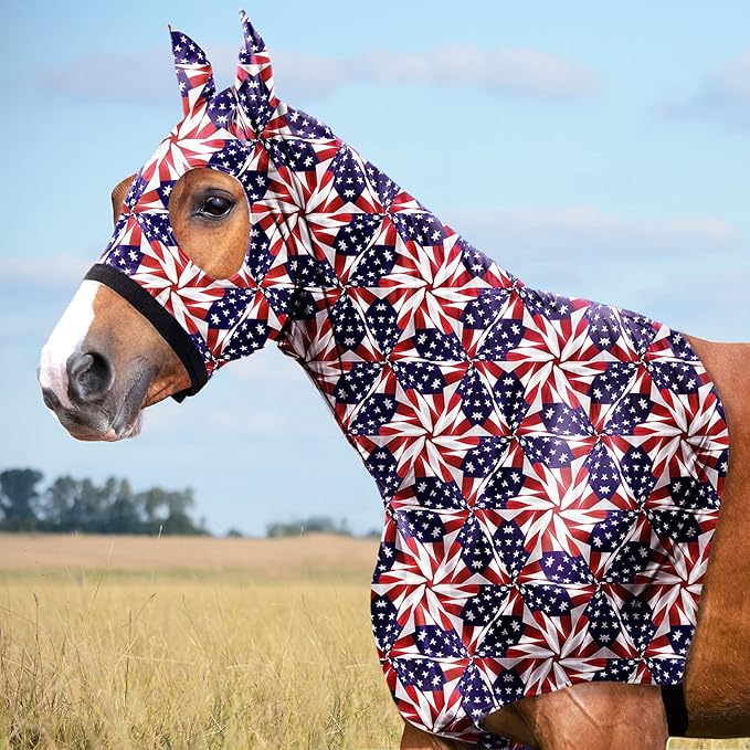 Harrison Howard Soft Horse Hood All-Covered Comfortable Sleezy for Horses with Zipper US Flag Prism L