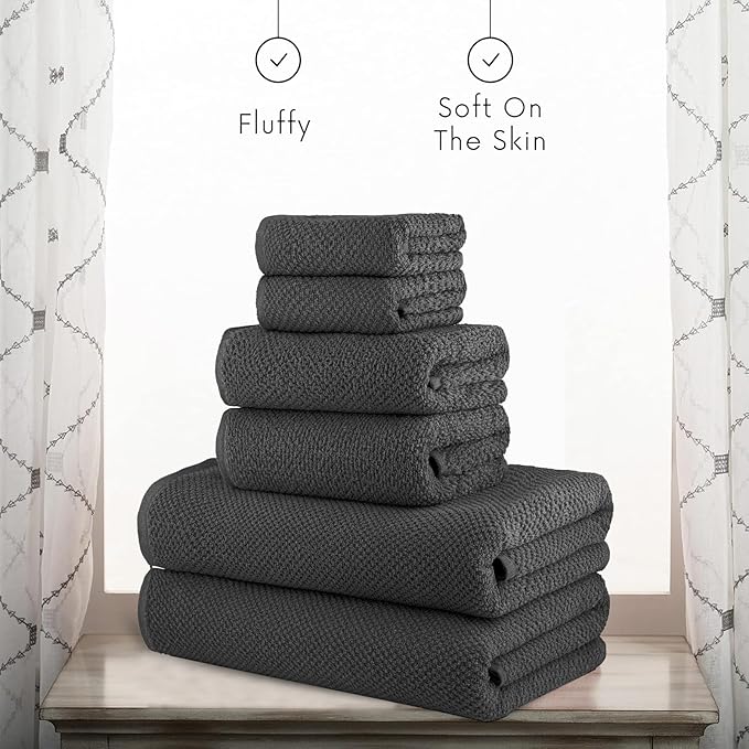 CASA COPENHAGEN Popcorn Textured 6 Pieces Towel Set- Pine Grey, 550 GSM 2 Bath Towel 2 Hand Towel 2 Washcloth, Rough & Tough Use Cotton Towels Gift Set for Bathroom