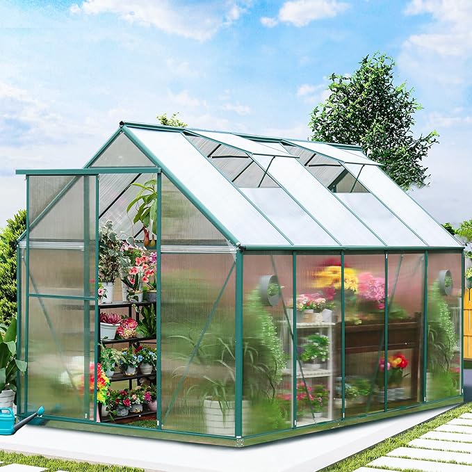 WACASA 10x6 FT Polycarbonate Greenhouse for Outdoors, Heavy Duty Aluminum Greenhouses kit with Rain Gutter, Vent and Lockable Door, Walk-in Green House for Winter, Garden, Patio, Backyard, Green