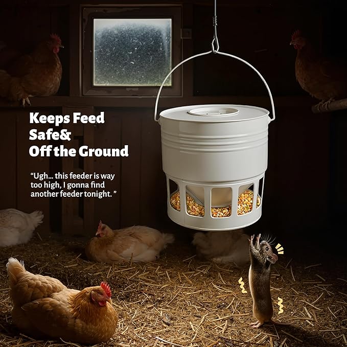 KOL Hanging Chicken Feeder – 20lbs Metal Chicken Feeder, Adjustable Poultry Feeder with 12 Ports, No Installation & Universal Height Design (Jade White)