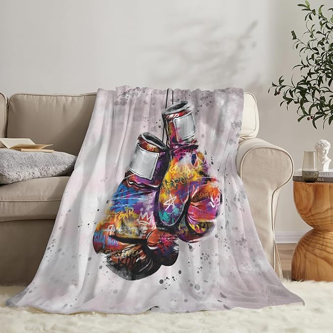 Boxing Blanket Gifts for Boys Men Soft Warm Plush Banksy Graffiti Boxing Gloves Sport Throw Blanket Flannel Fleece Fuzzy Sports Theme Blanket for Adults Lovers Bed Couch Living Room Decor 60"X50"