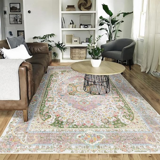 5x7 Area Rugs Washable,Pink Rug for Living Room Bedroom Kitchen,Large Boho Vintage Bohemian Distressed Carpet Non Slip,Blush Green