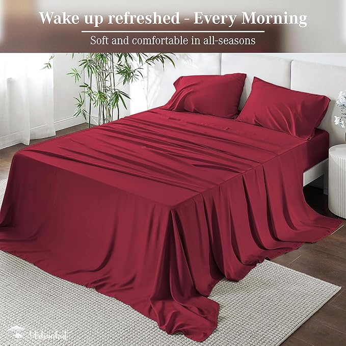 URBANHUT 1000 Thread Count Full Bed Sheets Egyptian Cotton Sheet Set, Long Staple Soft & Breathable, 4 Pc Bed Sheet Sets, Luxury Hotel Sateen Sheets Fits 16" Deep Pocket - Burgundy