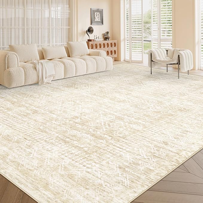 Living Room Rugs 9x12: Washable Moroccan Geometric Boho Rug Farmhouse Non Slip Stain Resistant Large Rug Low Pile Soft Carpet for Bedroom Dining Room Children Room (Beige,9'x12')