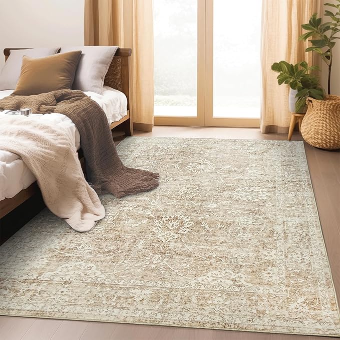 Madane 3x5 Area Rugs for Entryway,Washable Vintage Low Pile Non-Slip Throw Area Rugs, Accent Rug Floral Print Indoor Mat for Bedside Living Room Kitchen Bedroom, Beige/Brown
