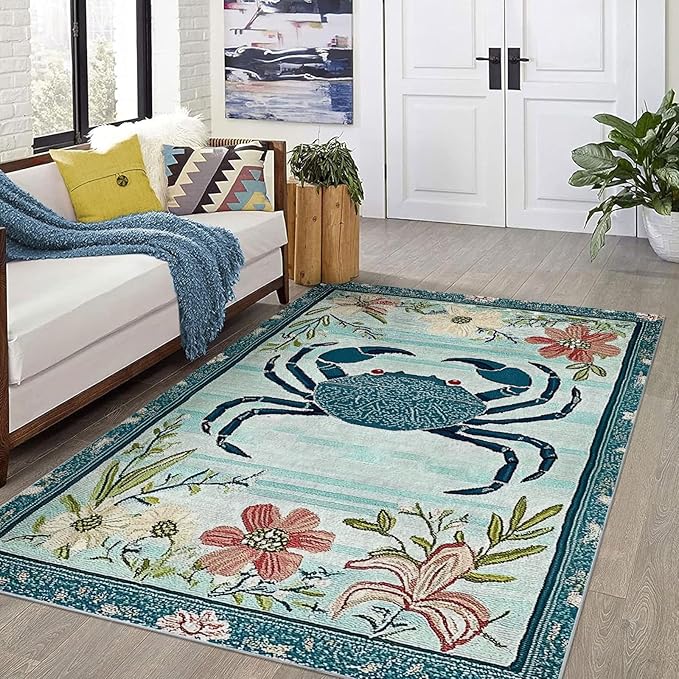 8x10 Crab Area Rugs Boho Teal Rug for Living Room Indoor Soft Non-Slip Thin Large Carpet Floral Flower Rugs for Bedroom Home Decor Under Table Washable Machine