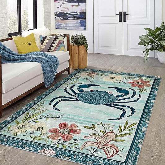 8x10 Crab Area Rugs Boho Teal Rug for Living Room Indoor Soft Non-Slip Thin Large Carpet Floral Flower Rugs for Bedroom Home Decor Under Table Washable Machine