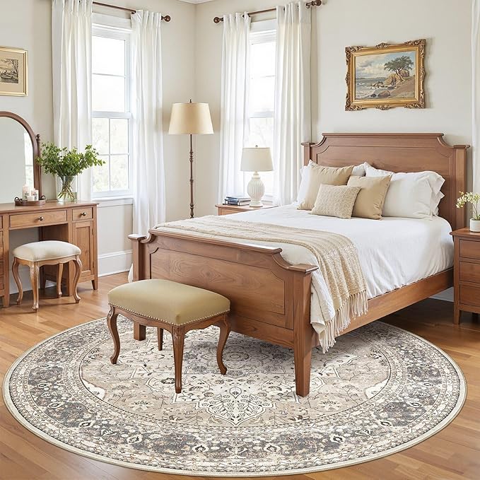 Washable 8 Ft Round Area Rug - Vintage Floral Stain & Fade Resistant Non-Slip Backing Carpet for Living Room, Bedroom, Dining Room, Home Office Floor Decor Large Carpets (Camel/Beige)