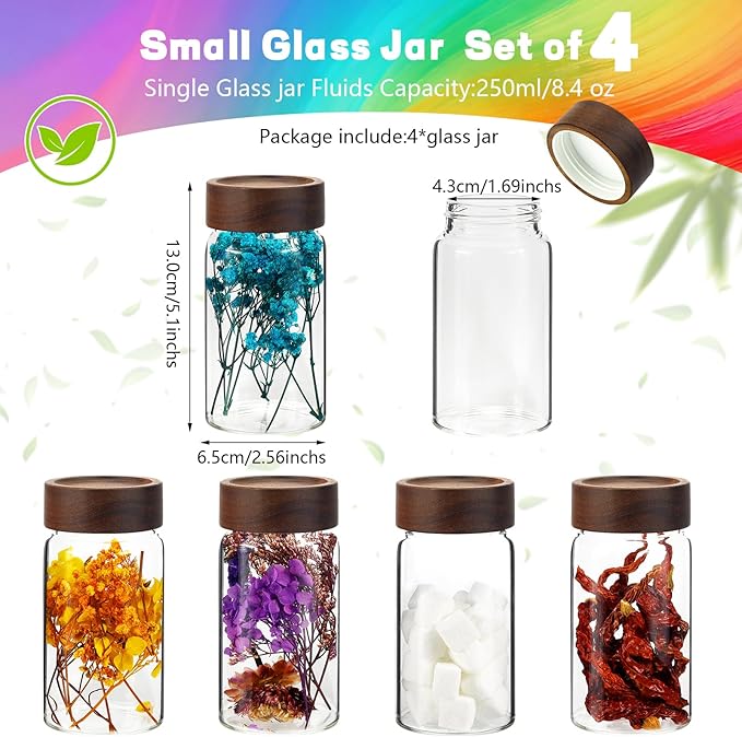 Small Glass Jars with Airtight Lid Clear Coffee Ground Storage Canister Wooden Lid Round Glass Spice Jar for Pantry Sugar Tea Bean Nuts Cookies Bath Salts (4×250ml(8.4oz))
