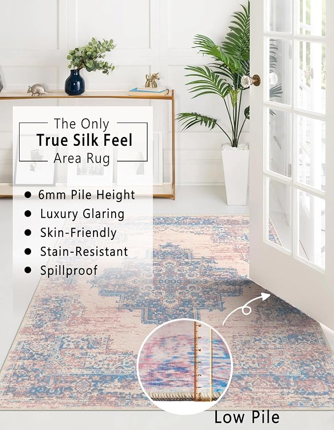 vivorug 9x12 Area Rugs for Living Room, Non Slip Machine Washable Vintage Pink Rug, Ultra-Thin Lightweight Large Area Rug for Bedroom, Dining Room, Low Pile Rug