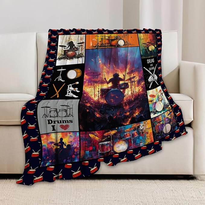 Music Blanket,Drums Set Throw Blanket, Rock Music Gifts Blankets Stuff Fleece Flannel Plush for Girls Women Men Boys Lovers Adults Soft Bedding Gift for Sofa Bed Office Home Decor 60"x50"