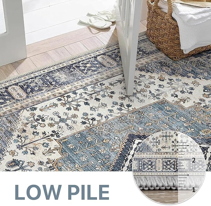 GENIMO 2x7 Runner Rugs for Hallway, Machine Washable Non Slip Vintage Rugs, Low Pile Lightweight Soft Print Rug for enrtyway, Corridor, Home Office, Kitchen, Navy/Cream