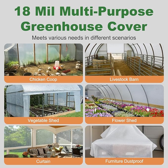 18 Mil Greenhouse Cover, 10x10 FT Clear Heavy Duty Greenhouse Tarp, UV Resistant Waterproof Green House Plastic Covering with Grommets for Garden, Farms, Nursery