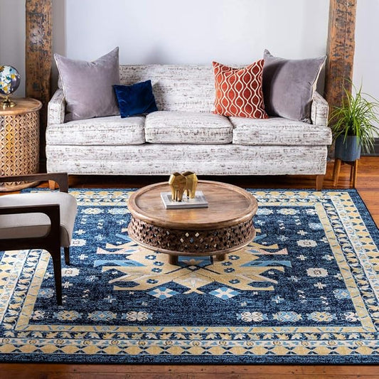 Unique Loom Taftan Collection Border Geometric Tribal Inspired Design Area Rug (8' 0 x 8' 0 Square, Navy Blue/ Gold)