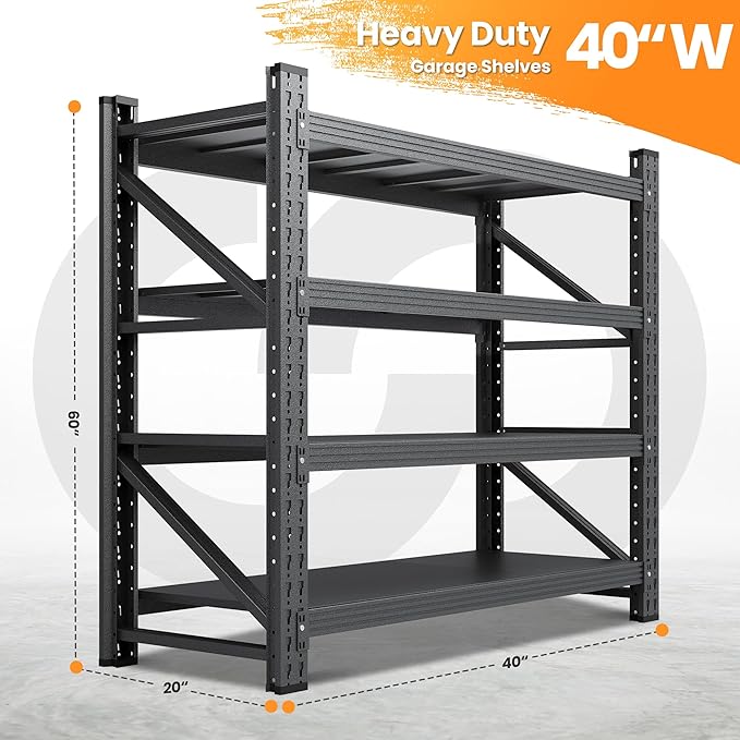40”W Metal Storage Shelves, 20” Deep Heavy Duty Garage Shelving Units, 4 Tier Storage rack shelf, Steel Tall Industrial Shelving , Adjustable Standing Shelf for Warehouse / Shop 40"W x 20"D x 60"H