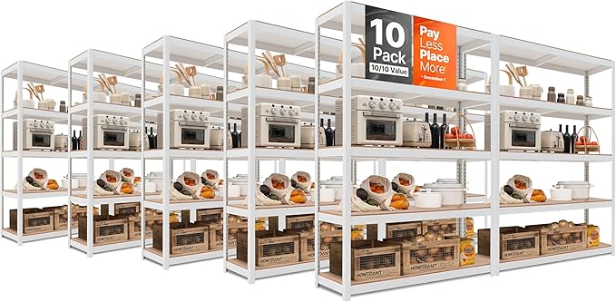HOMEDANT House 5 Tier Laminated Metal Shelving Unit Adjustable Storage Utility Rack Heavy Duty Shelves Organization Multipurpose Shelf Kitchen Garage Pantry Closet (10, (L) 48.1" W, White)
