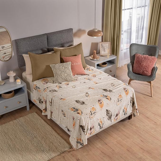 Vianney Feathers Queen Size Lightweight Fleece Blanket in Cream with Grey and Coral Feather Pattern