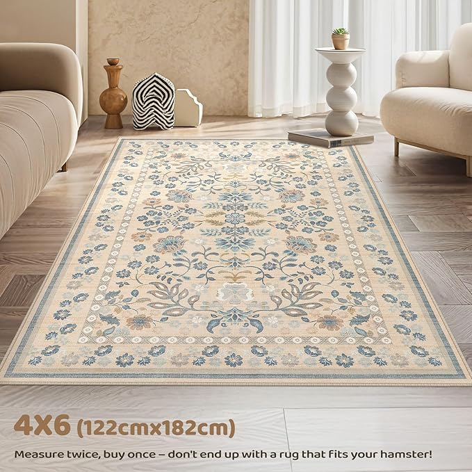 4x6 Area Rug Living Room Rugs - Washable Boho Vintage Floral Large Soft Non Slip Thin Rug Low Pile Carpet for Bedroom Dining Room Kids Playroom Office Decor Indoor- Multi Color