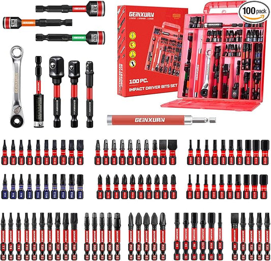 100Pieces 1”/2” Impact Screwdriver Bits Set, Magnetic S2 Steel (Phillips/Slotted/Square/Torx/Hex/Security Torx) Driver Bits Tips,Impact Bit Holder and Nut Driver with Red Storage Box Case