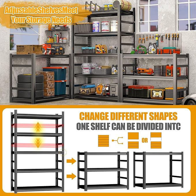 72'' Garage Storage Shelves, 5 tier Shelving Unit Metal, Adjustable, Double-Layer Column with Reinforced Ribs, Heavy-Duty, Capable of Bearing 3000 lbs, Suitable for Garage, Warehouse, Kitchen Storage