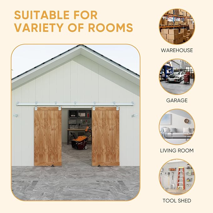 JUBEST 12FT Box Rail Exterior Barn Door Hardware Kit, Heavy Duty Sliding Door Track Kit Wall Mount Door Hardware Kit for Two Doors System(Doors Not Included), Silver