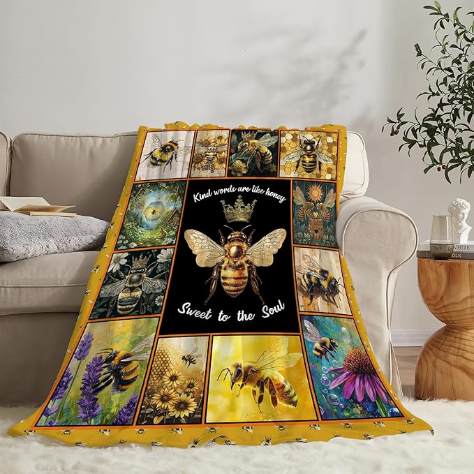 Bee Blanket Ultra Soft Cozy Bee Queen Throw Blanket Fleece Fuzzy Plush Bee Honey Blanket Decor Gifts for Women Girls Adults Couch Sofa 80"x60"