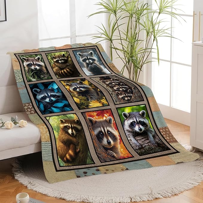 Raccoon Blanket, Cute Animal Throw Blanket, Raccoon Gifts Blankets Stuff Fleece Flannel Plush for Girls Women Men Boys Lovers Adults Soft Bedding Gift for Sofa Bed Office Home Decor 80"x60"