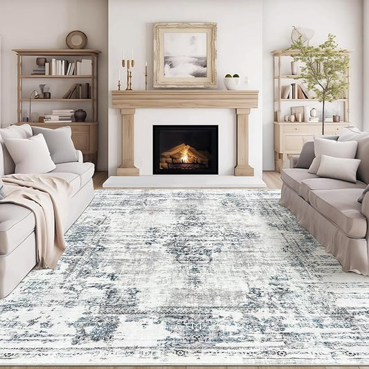 Madane 8x10 Area Rugs for Living Room, Machine Washable Vintage Rug with Non-Slip Backing, Soft Throw Large Rug, Thin Carpet for Bedroom Dining Room Farmhouse Under Table, Blue/Grey