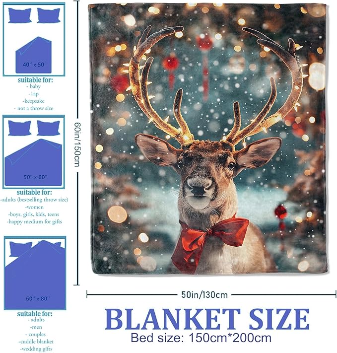 Reindeer with Bow Throw Blanket 40"x50", Christmas Reindeer Blankets for Living Room Bedroom Decor, Soft Flannel Polyester Warm Cozy Gifts for Kids Adults