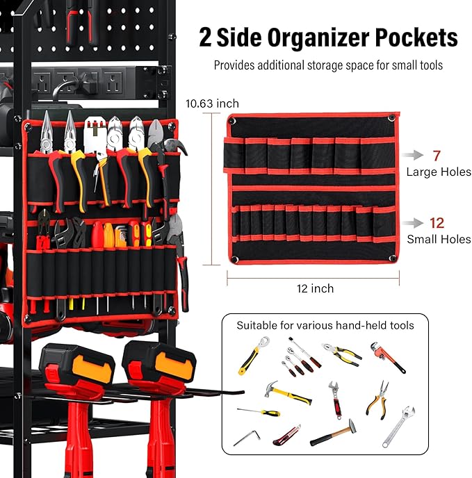TC-HOMENY Power Tool Organizer Cart with 8 Outlets Charging Power Station, 24 Large Drill Tool Storage Racks with Wheels for Garage, Heavy Duty Tools Organizer Station, Festival Gifts for Men Dads
