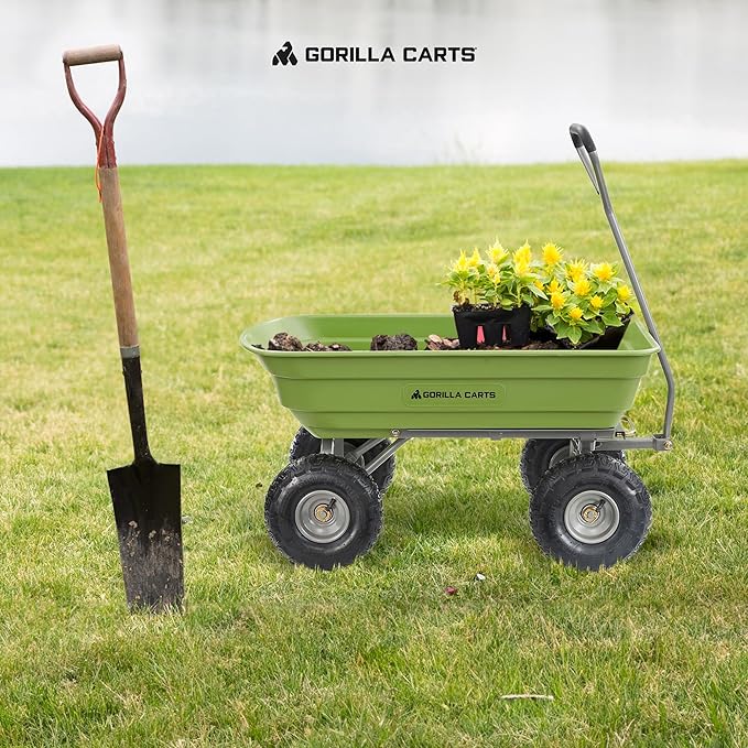 Gorilla Carts Poly Garden Dump Cart, 4 Cu Ft Tub, 600 lb Haul Capacity, Green – Heavy-Duty Utility Wagon with Quick-Release Dumping & Pneumatic Tires for Yard, Landscaping and Gardening