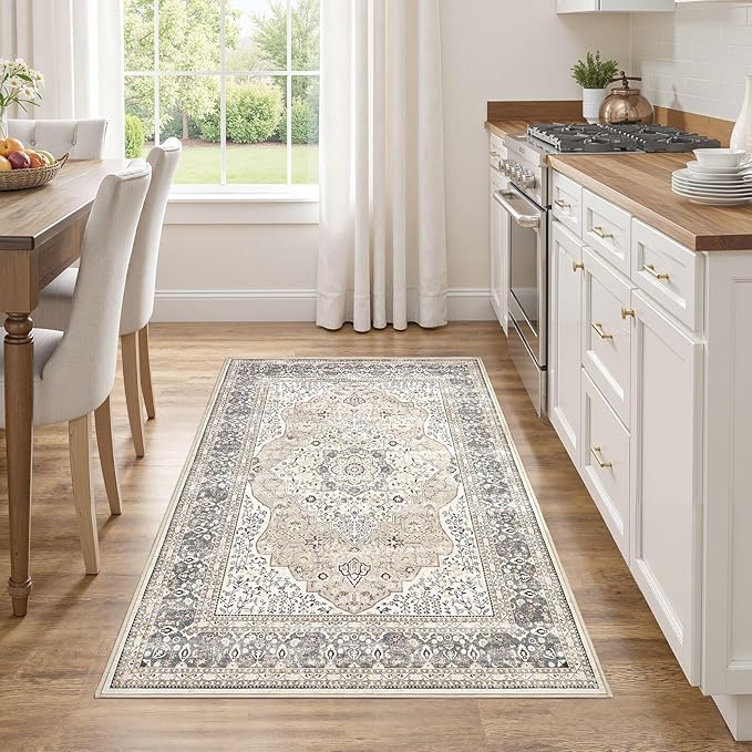 3x5 Washable Entryway Rug: Non-Slip Soft Indoor Throw Area Rug for Living Room Bedroom Kitchen, Boho Floral Distressed Durable Carpet for Hallway Bathroom Laundry Home Decor (Camel/Beige)