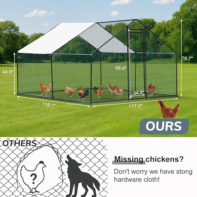 VINGLI Chicken Coop, Large Metal Poultry Cage for Chicken Run, Walk-in Chicken Pen with Waterproof & Anti-UV Cover Outdoor (Black-Spire Roof, 9.8 * 9.8 * 6.5 ft)